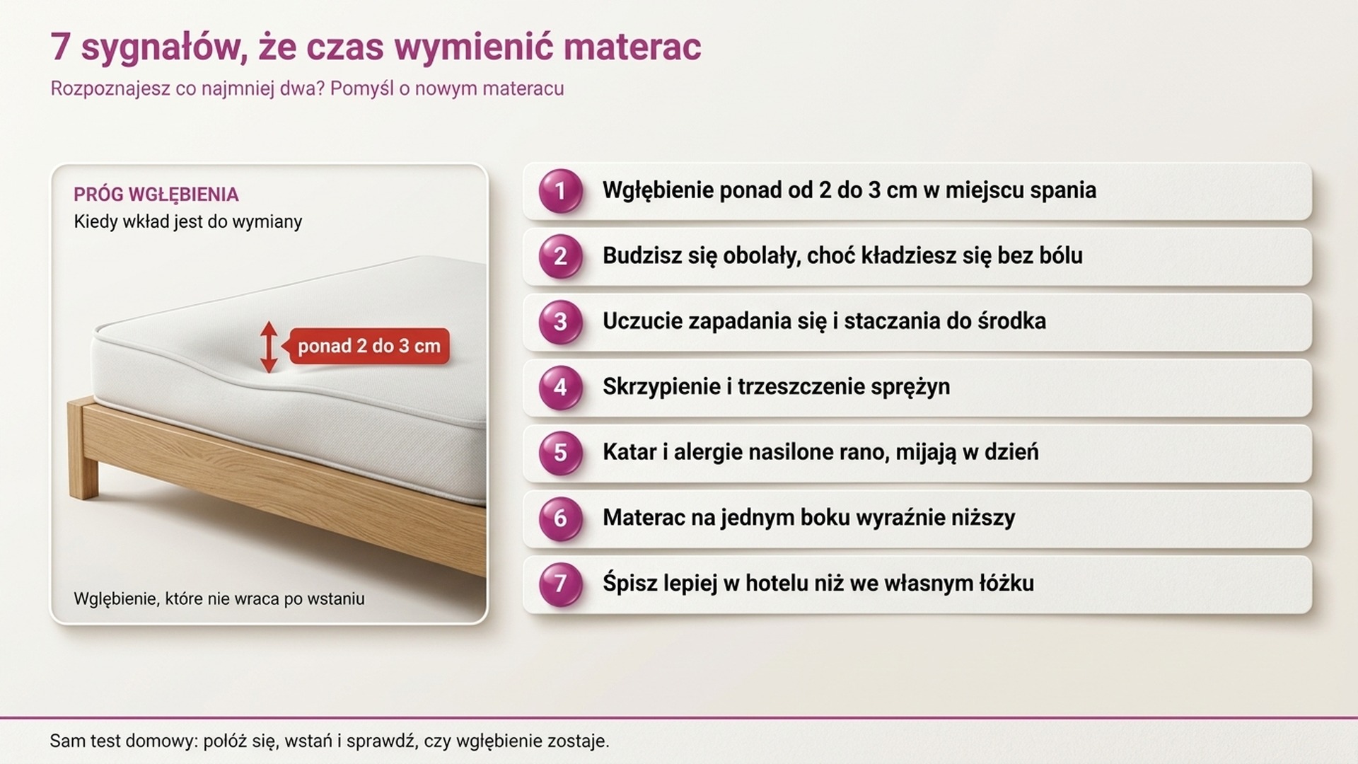 Siedem sygnałów, że czas wymienić materac, z progiem wgłębienia od 2 do 3 cm